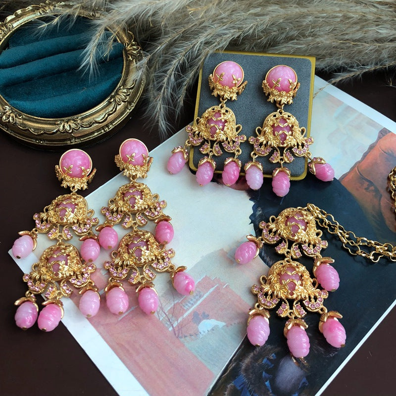 Vintage Classic Pendant Pink Akoya Pearls Luxurious 18k Vermeil Gold Plated Necklace Earring Jewelry Set | Mix Mix Style-Mix MIx Style
