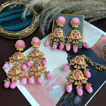 Vintage Classic Pendant Pink Akoya Pearls Luxurious 18k Vermeil Gold Plated Necklace Earring Jewelry Set | Mix Mix Style-Mix MIx Style