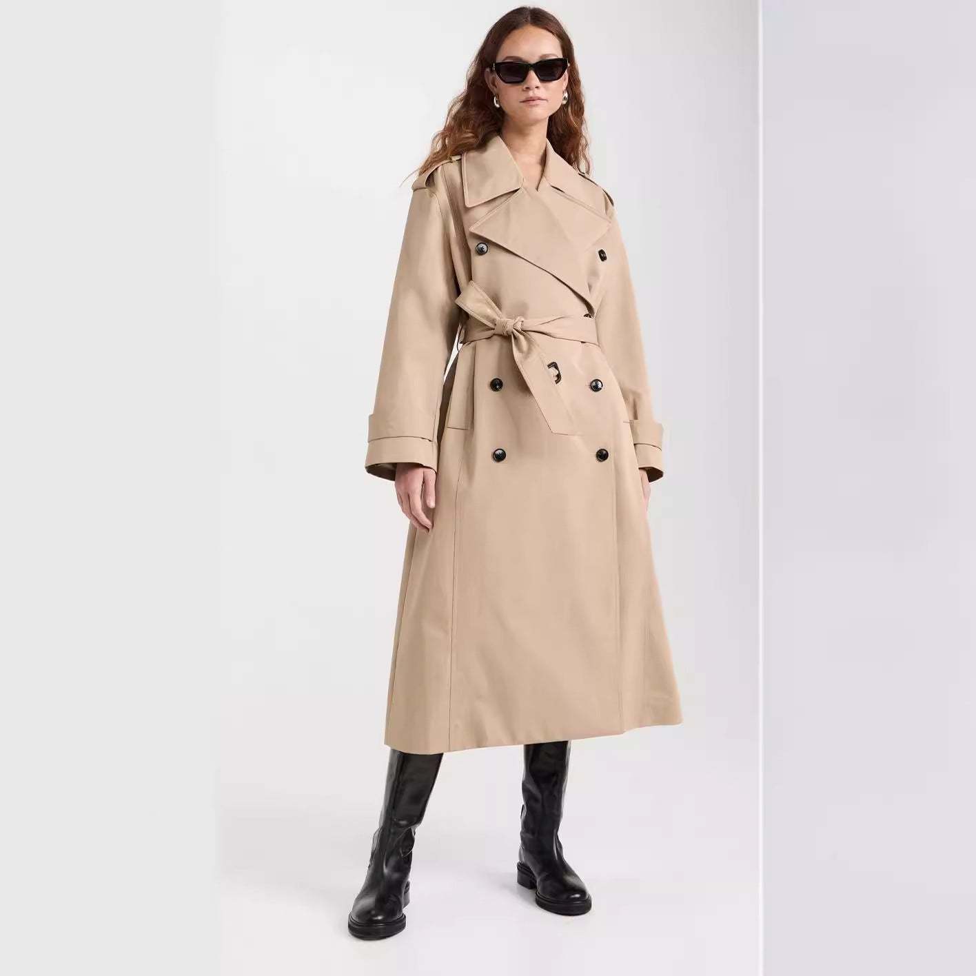 Beige classic Lapel Lace-up Slim Two-piece Long Windbreaker Double-bre