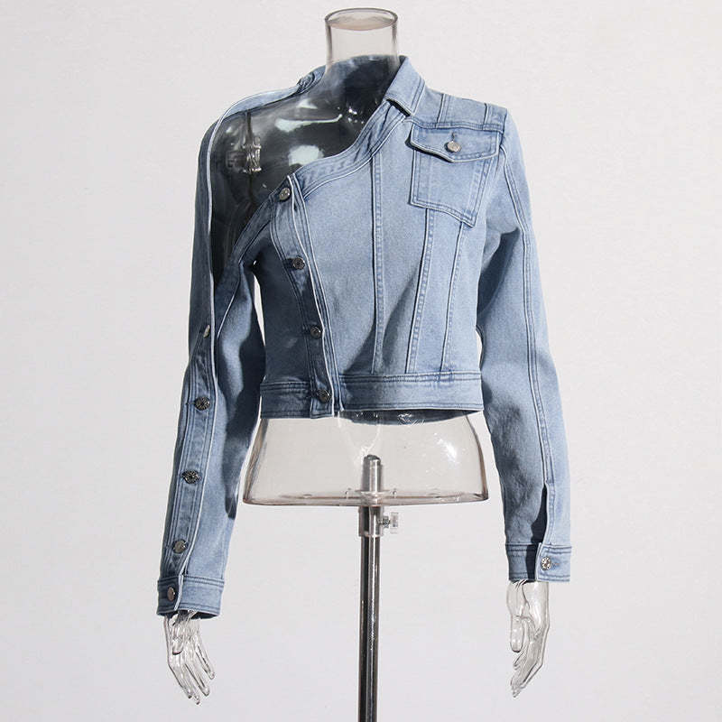 Fashion style design irregular cut denim top 2024 new fashion oblique shoulder short denim jacket for women-Mix MIx Style